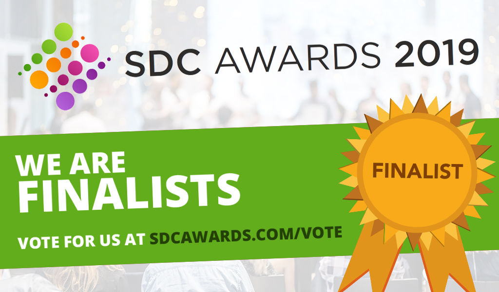 Banner image with title that reads "SDC Awards 2019 - We are finalists - vote for us at sdcawards.com/vote"