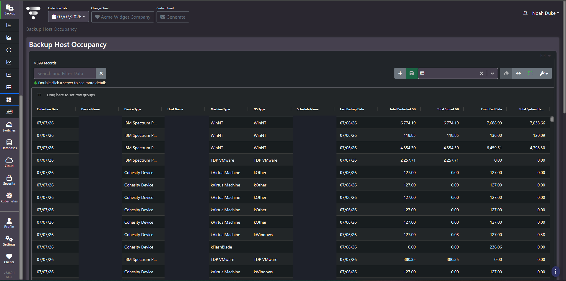 Backup Host Occupancy grid listing protected and stored capacity per backup client with machine type, OS type and last backup date, with names redacted