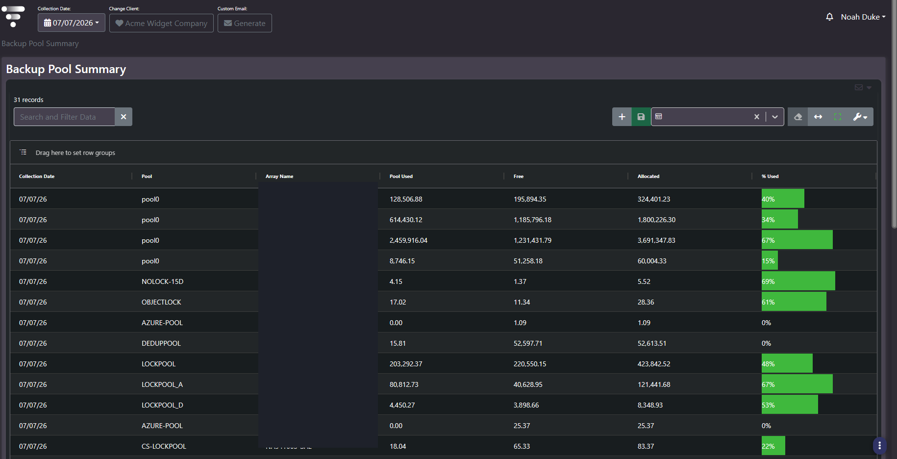 Backup Pool Summary grid listing pool used, free, allocated and percent used per backup pool, with array names redacted