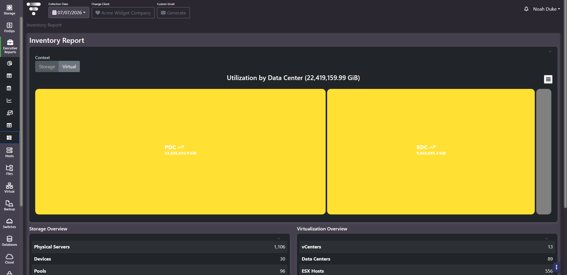 Inventory Report showing a Storage and Virtual context toggle and a utilization by data center treemap
