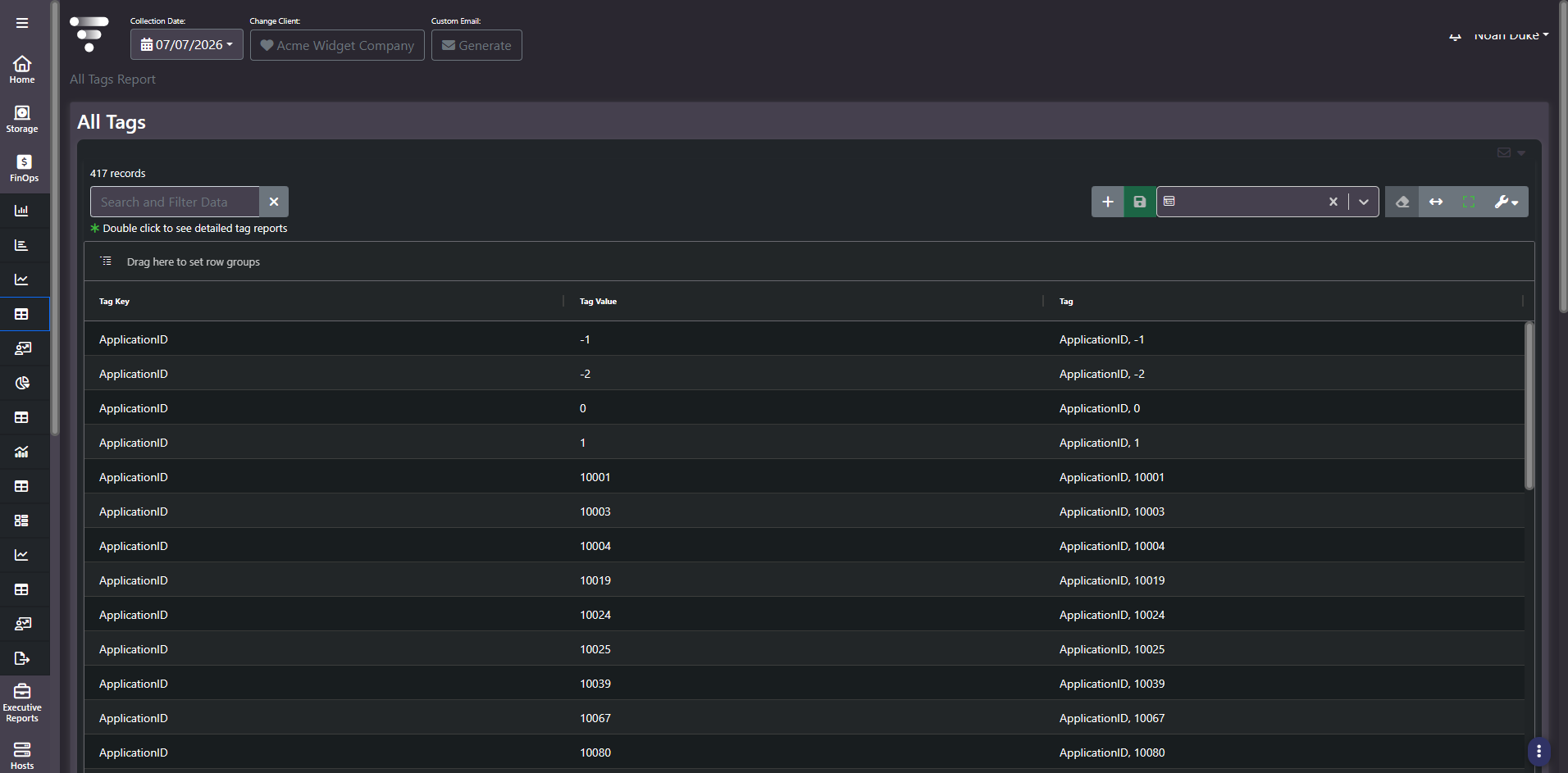 All Tags Report listing every tag key and value pair discovered in the environment, with search and filter controls