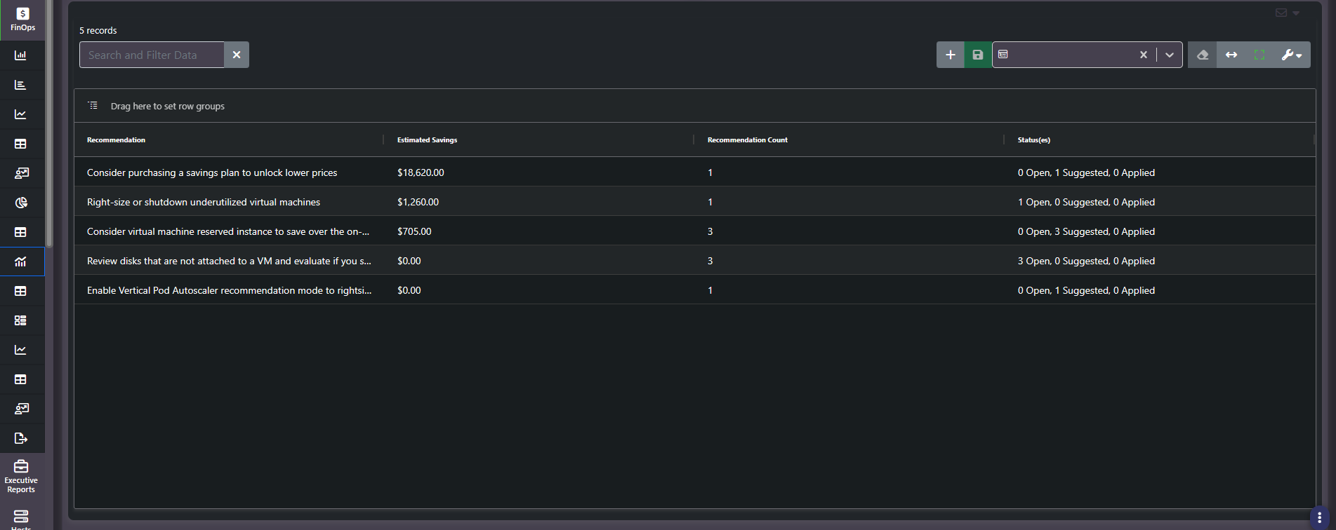 Recommendations table with estimated savings, recommendation count and status per recommendation