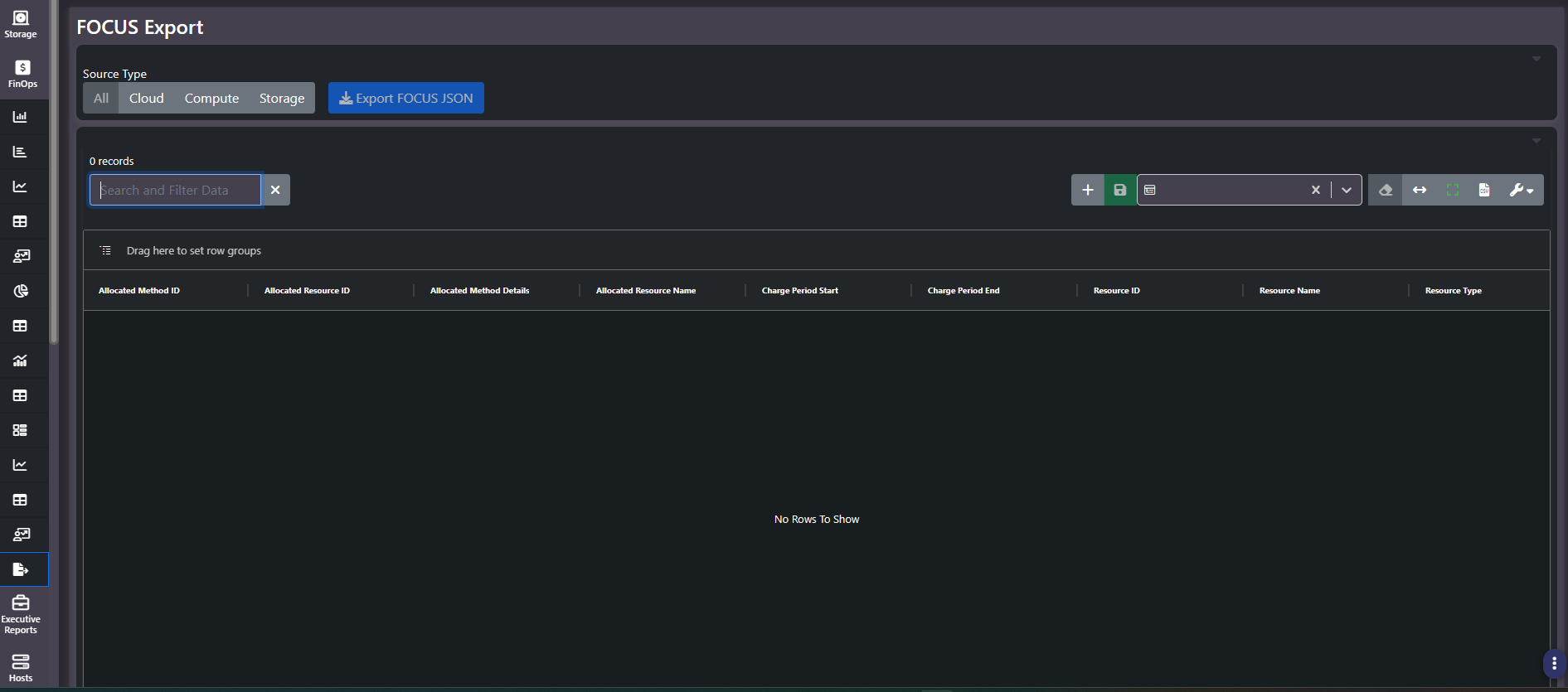 FOCUS Export screen with source type filter and Export FOCUS JSON button above the allocation and charge period columns