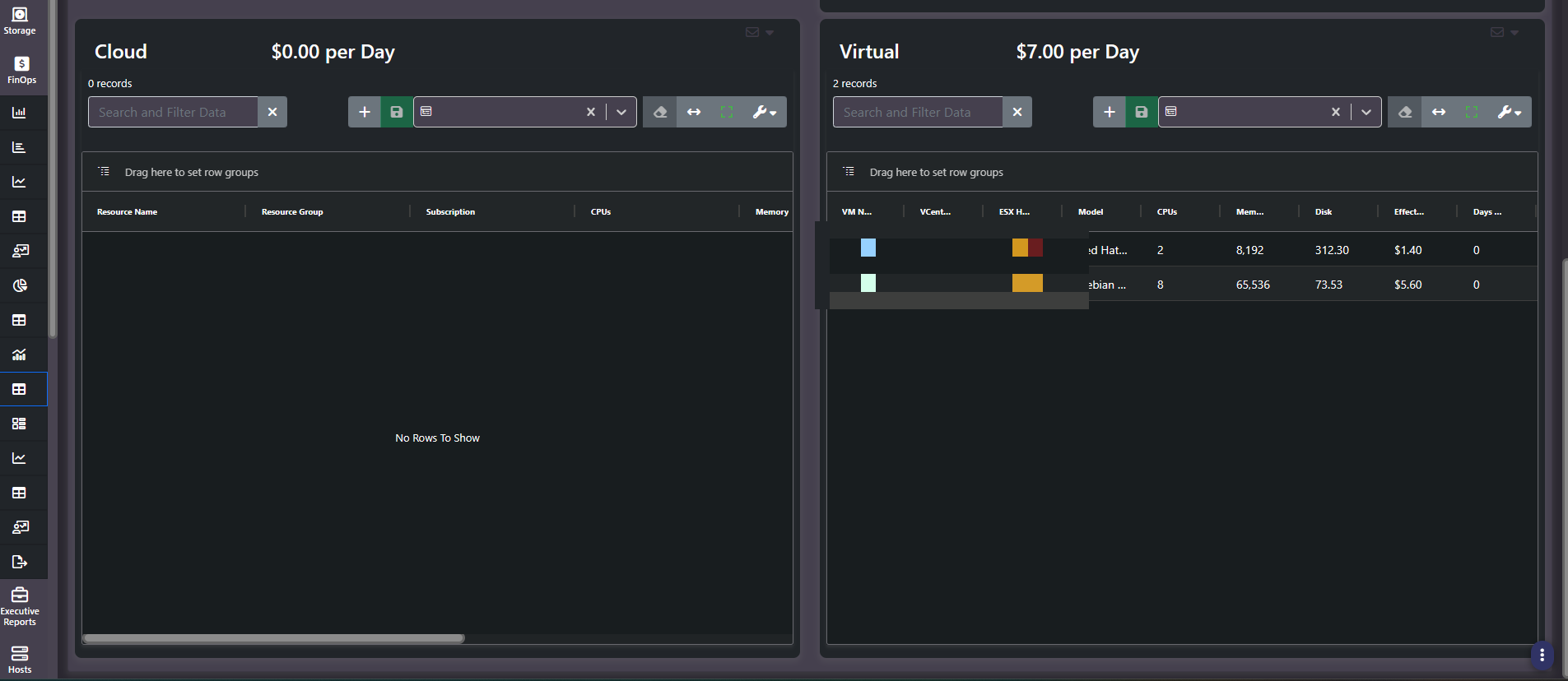 Tag Summary cloud and virtual context panels with per-resource cost detail, VM and host identifiers redacted