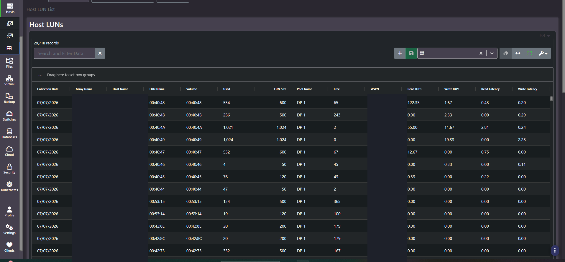 Host LUNs grid listing LUN name, volume, used and total size, pool, free capacity, read and write IOPS and latency per LUN, with array names, host names and world wide names redacted