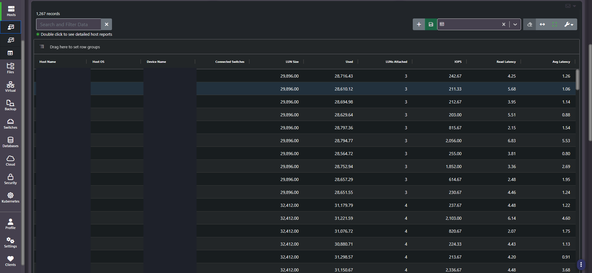 Enterprise Host Summary grid listing LUN size, used capacity, LUNs attached, IOPS and latency per host, with host and device names redacted