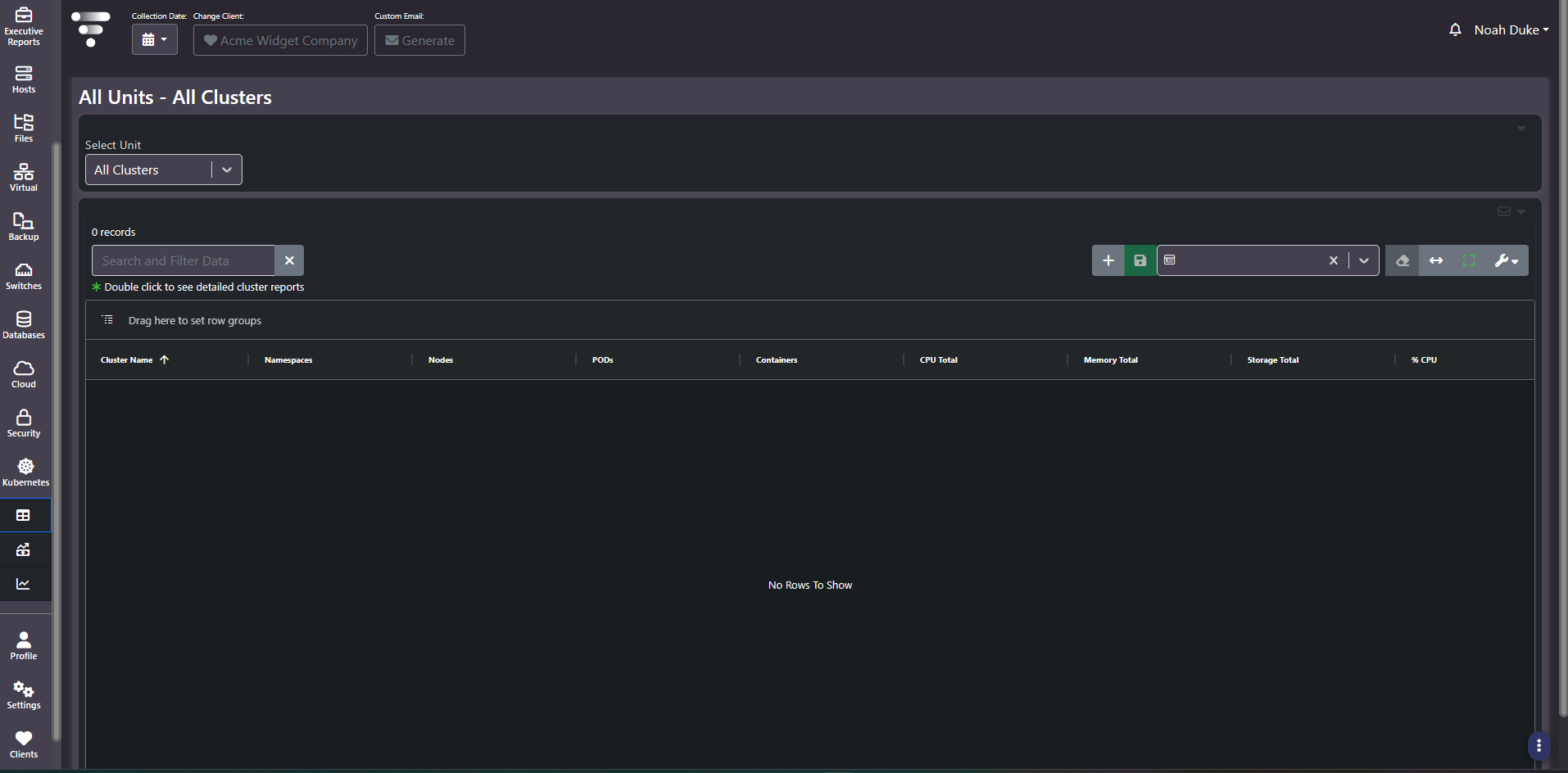 Kubernetes All Units grid showing cluster name, namespaces, nodes, pods, containers and CPU, memory and storage totals in an empty state