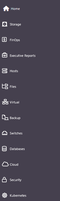 Visual One main navigation showing the Storage context alongside Hosts, Virtual, Backup, Cloud, and other contexts