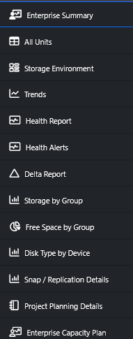 Storage report navigation: Enterprise Summary, All Units, Storage Environment, Trends, Health Report, Health Alerts, Delta Report, Storage by Group, Free Space by Group, Disk Type by Device, Snap/Replication Details, Project Planning Details, Enterprise Capacity Plan